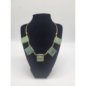 Unique Art Deco Collar Statement Necklace Gold Tone Turquoise Painted Panels VTG